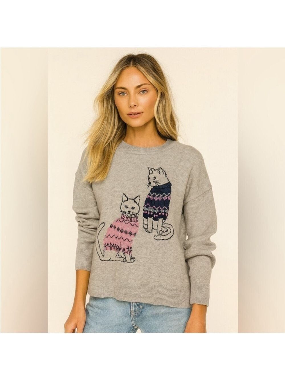 Double Knit Novelty Cat sweater from Beldinni Grey kitties graphic design Sz L
